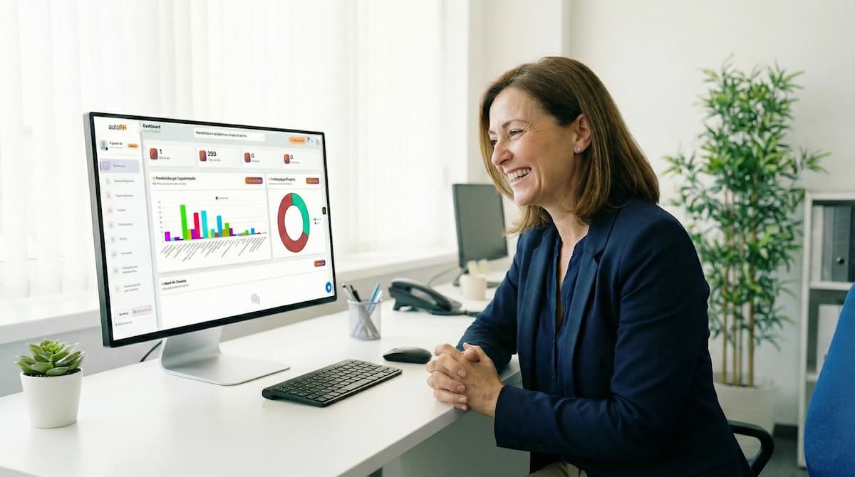 Mulher trabalhando sorrindo no escritório com o sistema AutoRH