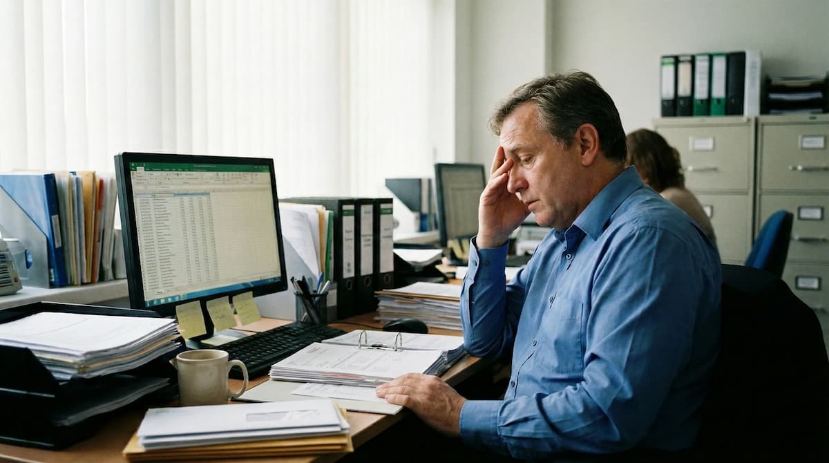 Homem preocupado no escritório com planilhas, representando o trabalho manual de RH